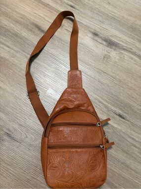 Tan Embossed Leather Sling Bag